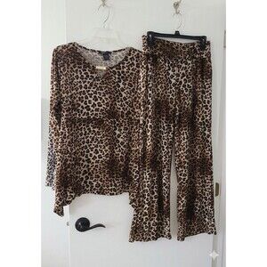 Robert Louis Women Leopard Print 2 Piece Set Flare Pants & Long Sleeve Blouse S